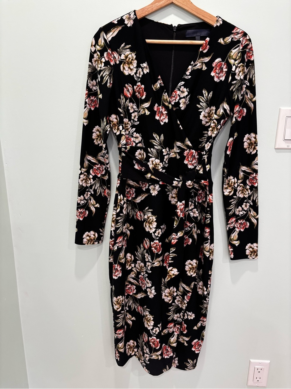 RACHEL Rachel Roy Black Floral Long Sleeve Faux Wrap Dress